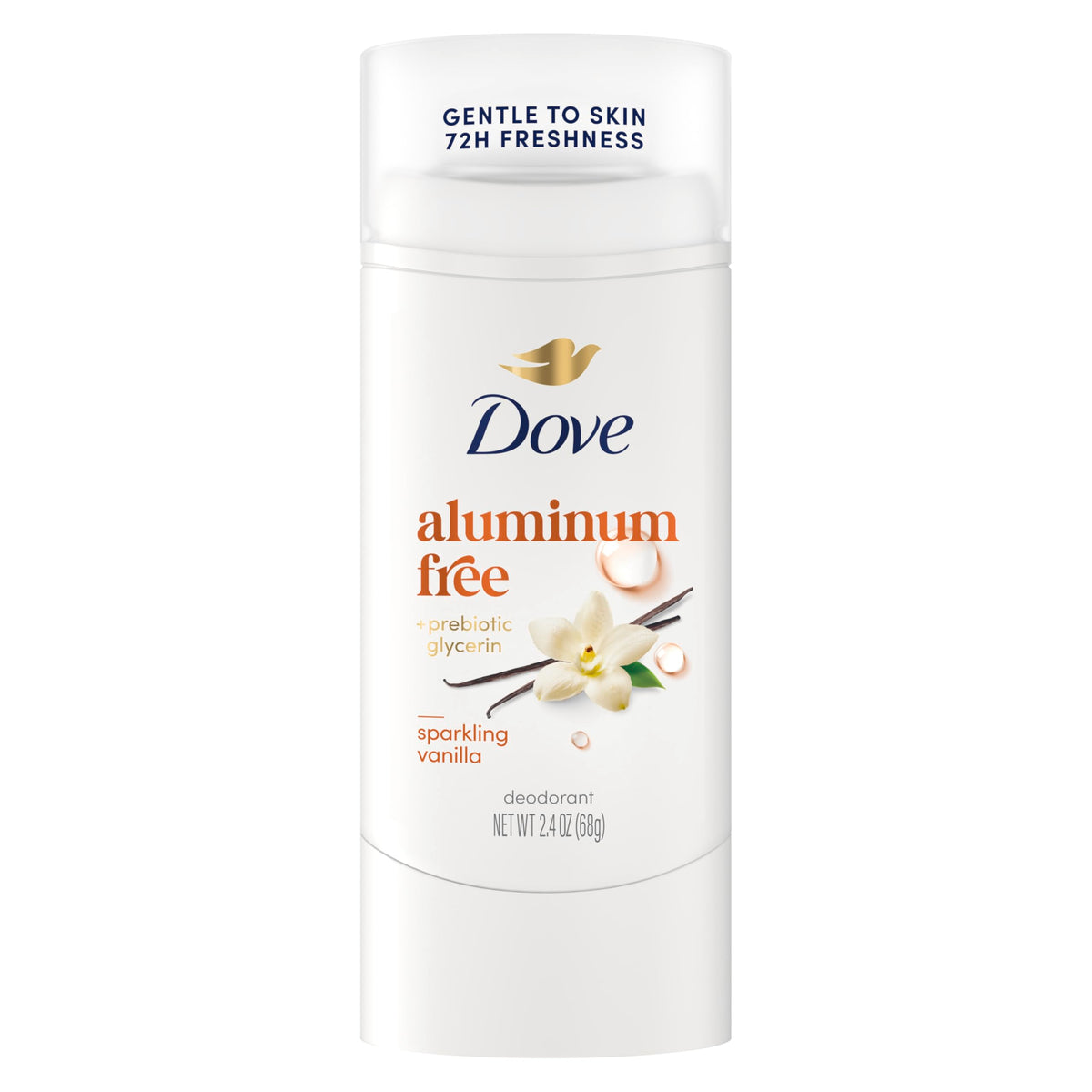 Dove Sparkling Vanilla packaging highlights fresh scent and aluminum-free formula.