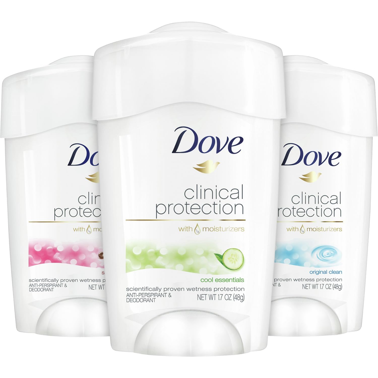 Dove three-piece pack front view showing daily-use deodorants for women