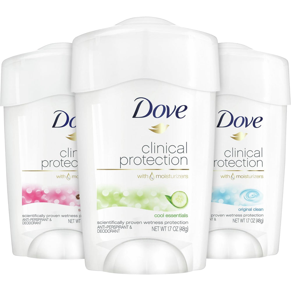 Dove three-piece pack front view showing daily-use deodorants for women