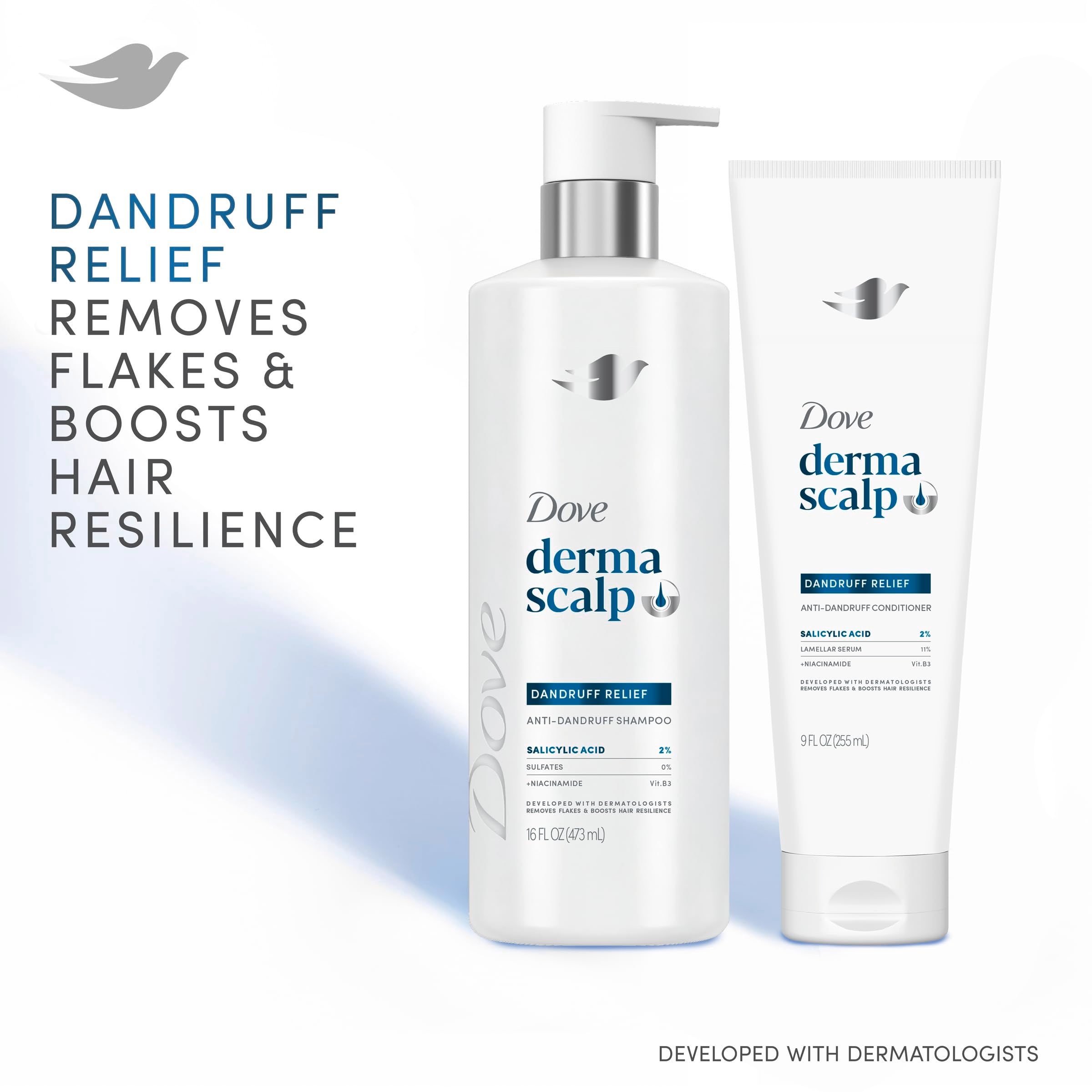 Dove Derma Scalp Dandruff Relief fiber resilience close-up shows stronger hair fibers