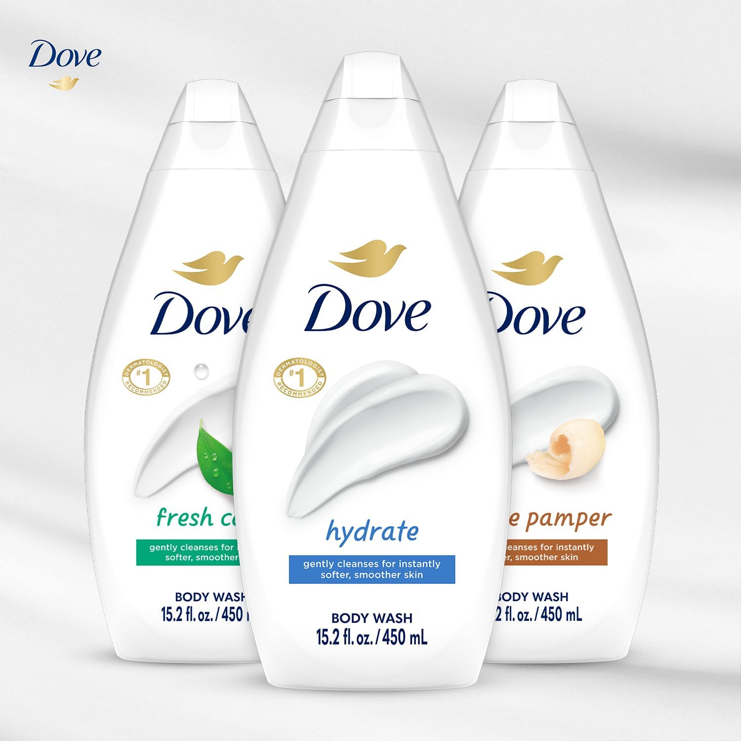 Dove dermatologist-recommended seal on bottle implying trusted skincare guidance