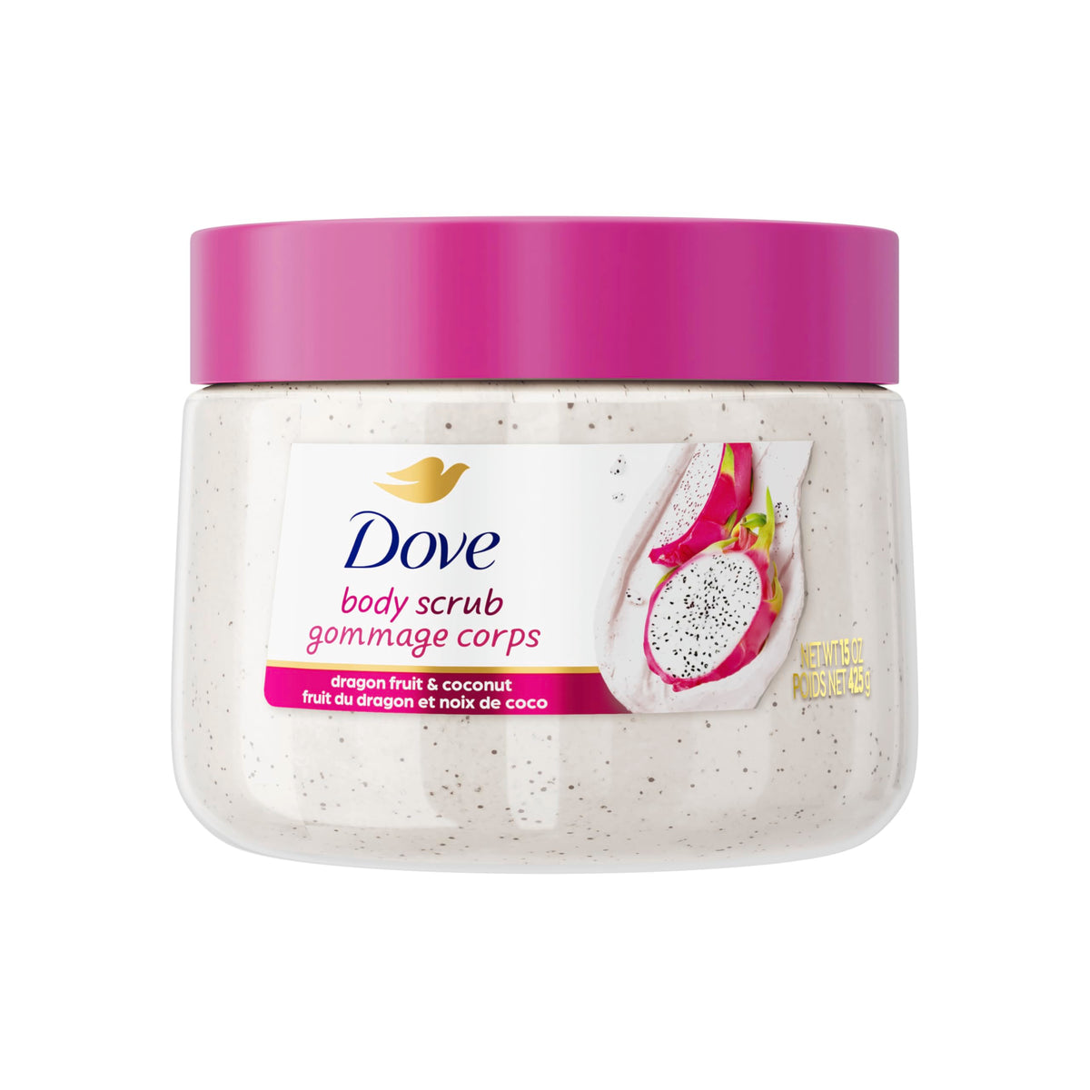 Dove Dragon Fruit Coconut Scrub jar ready for creamy exfoliation