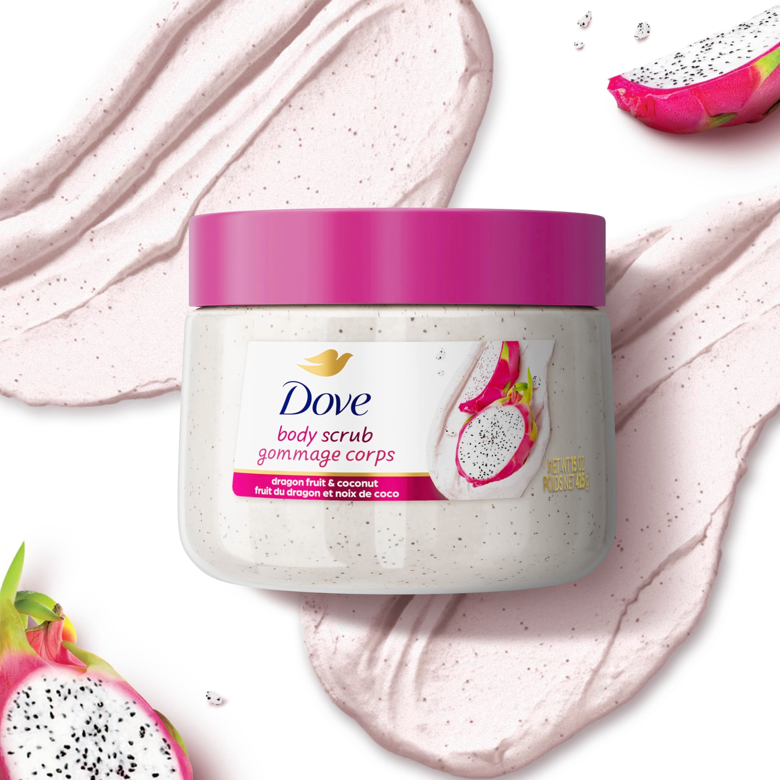 Dove Dragon Fruit Coconut Scrub on bathroom shelf display