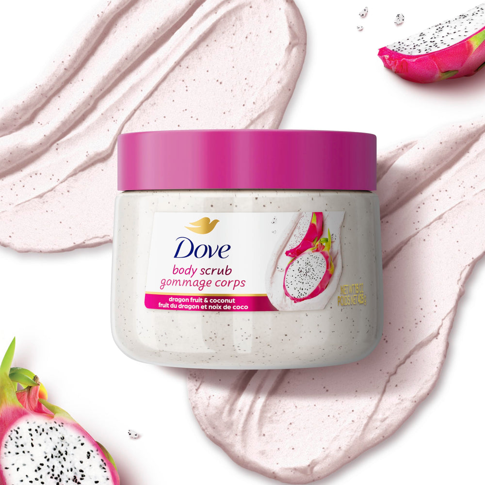 Dove Dragon Fruit Coconut Scrub on bathroom shelf display