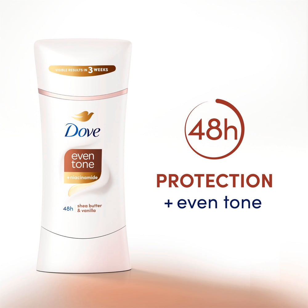 Dove Even Tone 48-hour odor and sweat protection for daily activity.