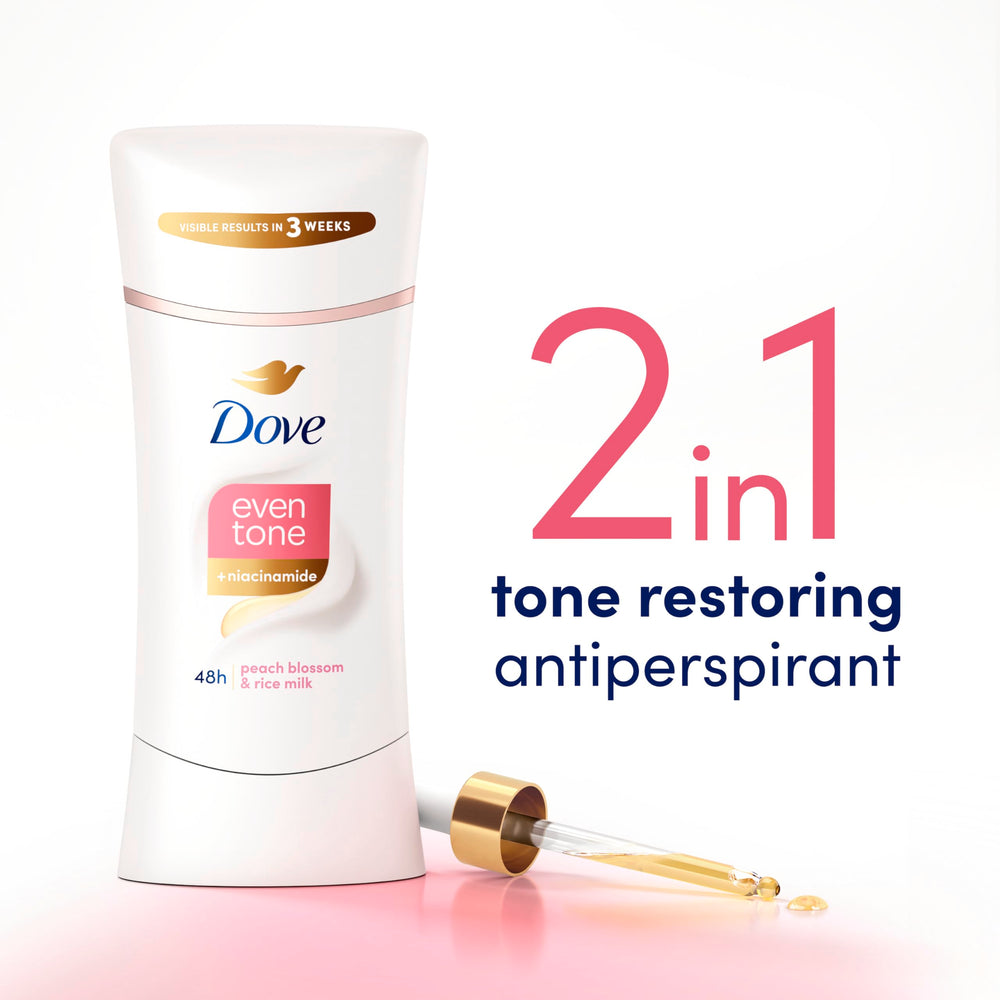 Twist-up applicator ready to release Dove Even Tone Peach Blossom Stick
