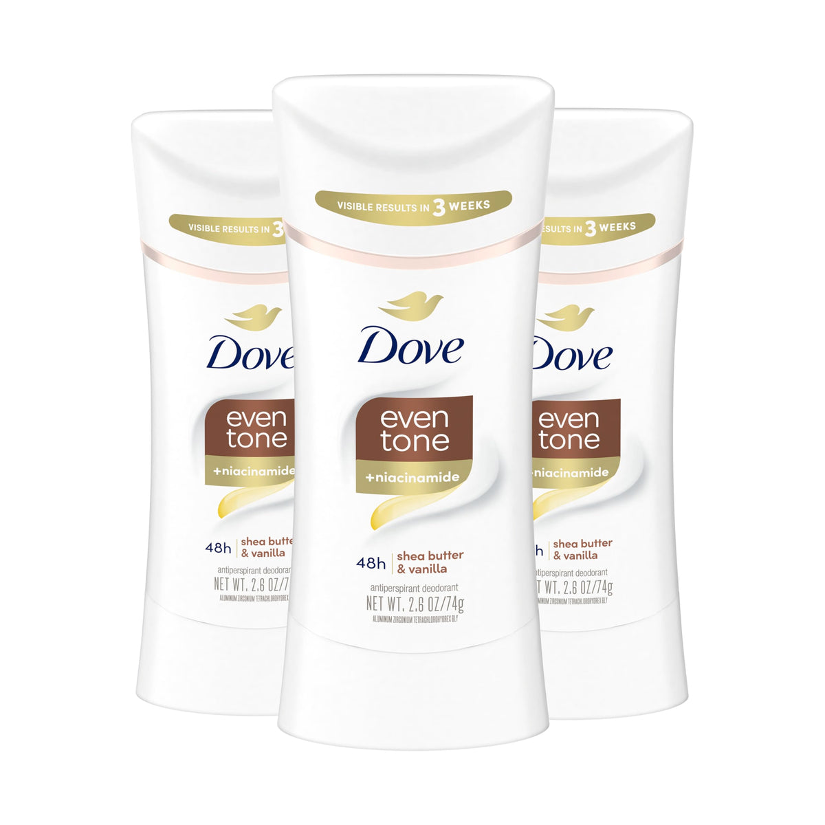 Dove Even Tone Shea Butter & Vanilla stick glides smoothly for long-lasting protection.