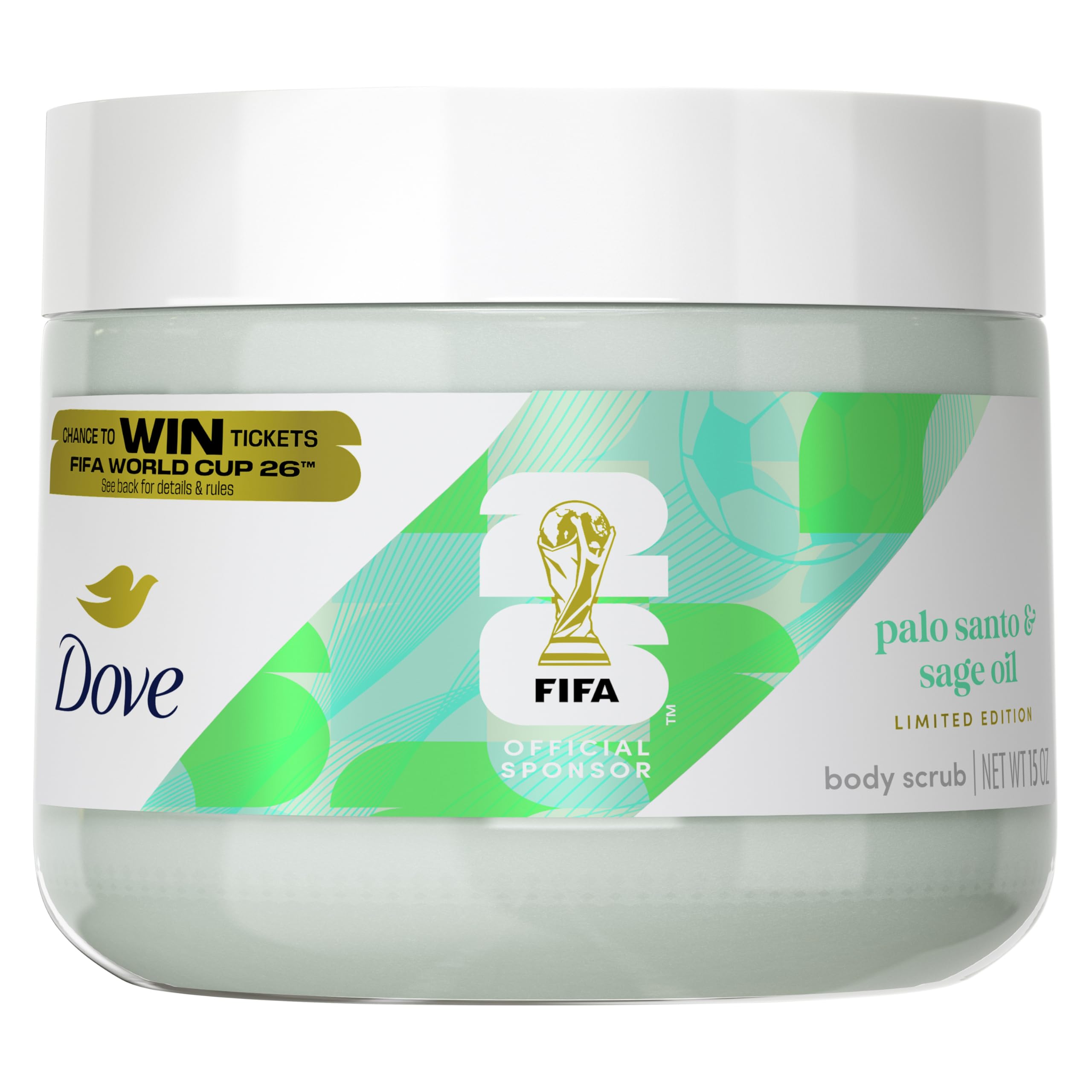 Dove FIFA 2026 bottle with Palo Santo aroma for a calming shower ritual.