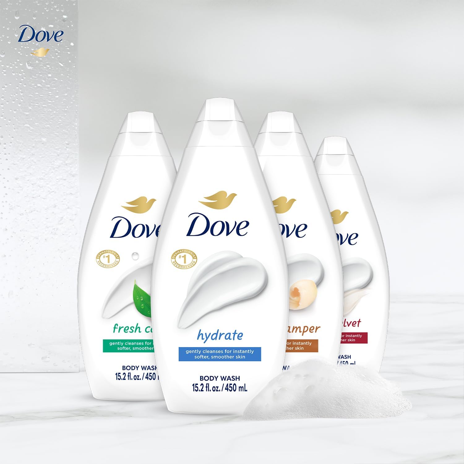 Dove Gentle Pamper bottle front view with creamy lather for soft skin