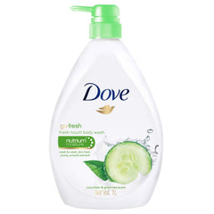 Dove Go Fresh Nourishing Body Wash cucumber bottle pour demonstrates easy dispensing and hydration