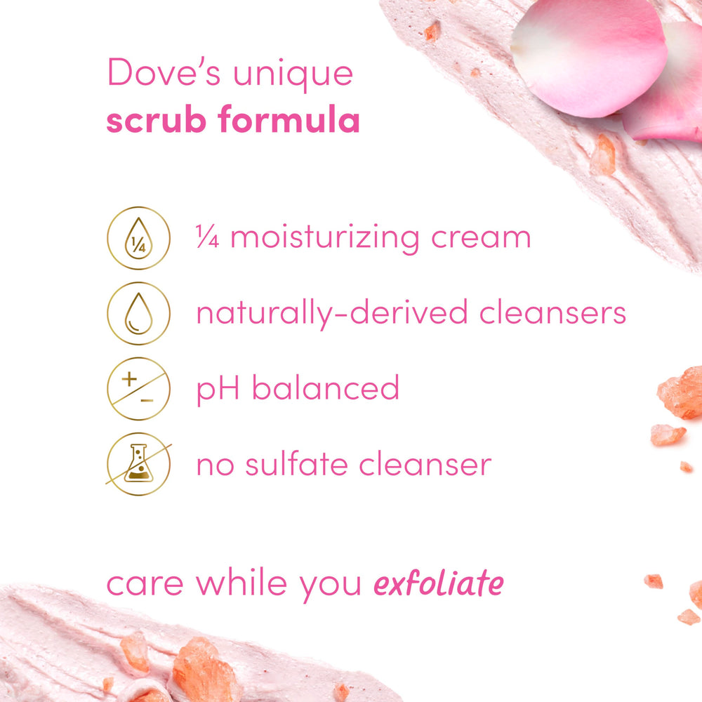 Dove Himalayan Salt & Rose Oil Scrub on arm shows creamy lather for exfoliation.