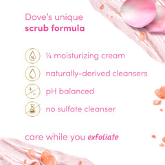 Dove Himalayan Salt & Rose Oil Scrub on arm shows creamy lather for exfoliation.