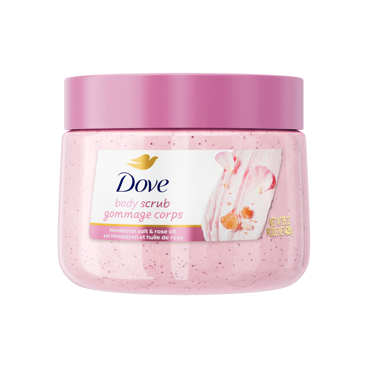 Dove Himalayan Salt & Rose Oil Scrub jar front demonstrates nourishing exfoliation for radiant skin.