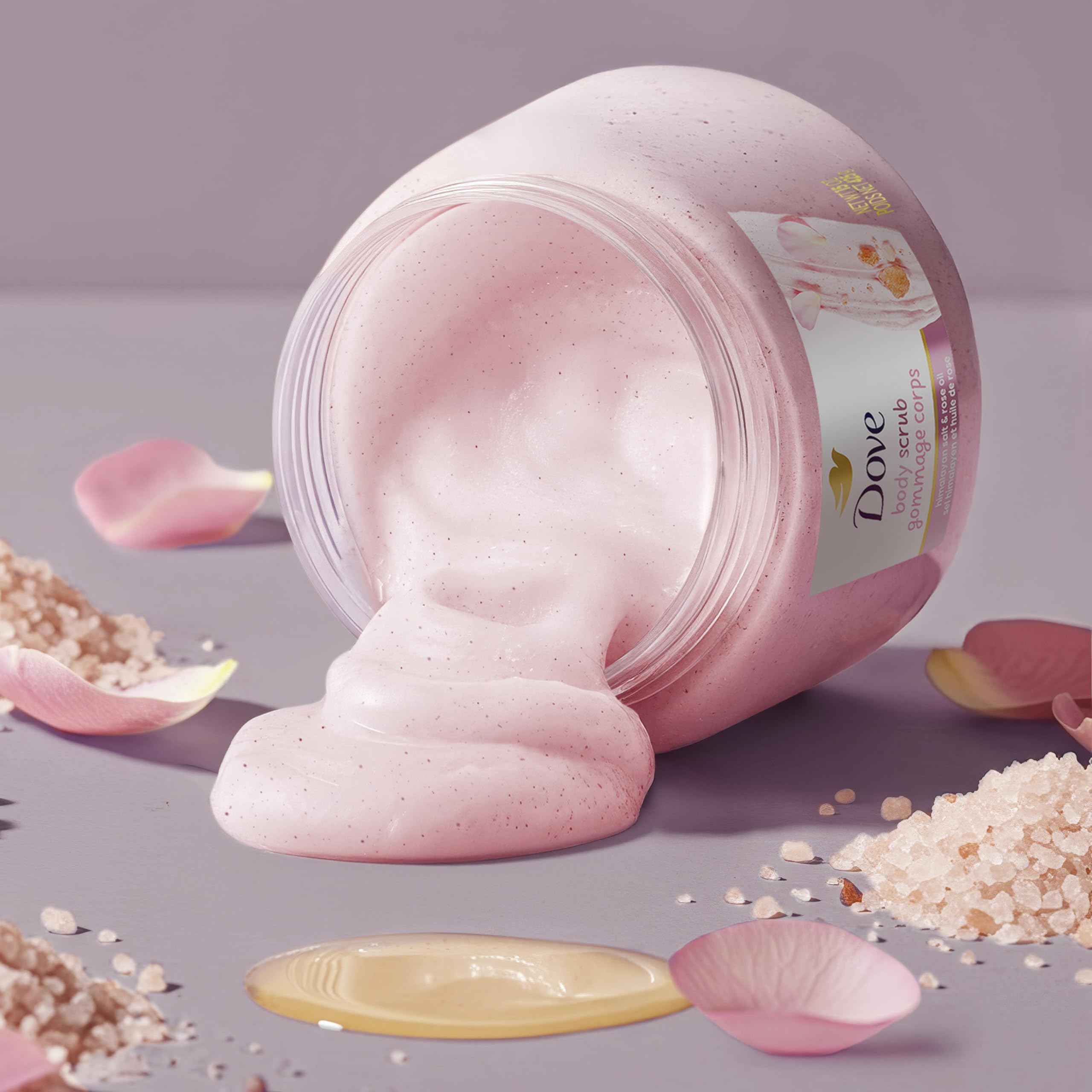 Dove rose oil swirl in scrub image hints at soothing fragrance and nourishment.