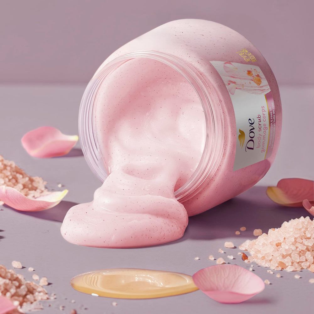 Dove rose oil swirl in scrub image hints at soothing fragrance and nourishment.