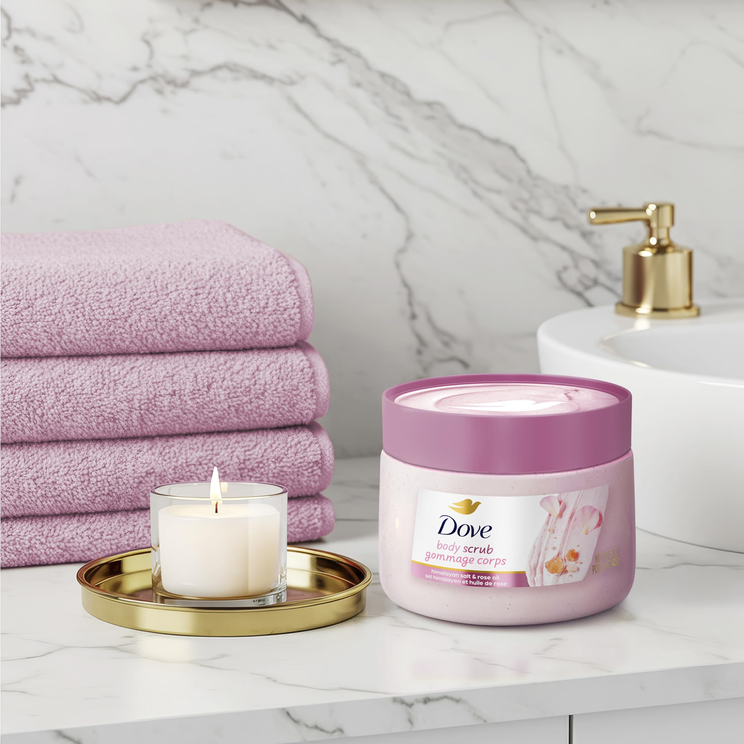 Dove Himalayan Salt & Rose Oil Scrub near shower scene suggests weekly self-care ritual.