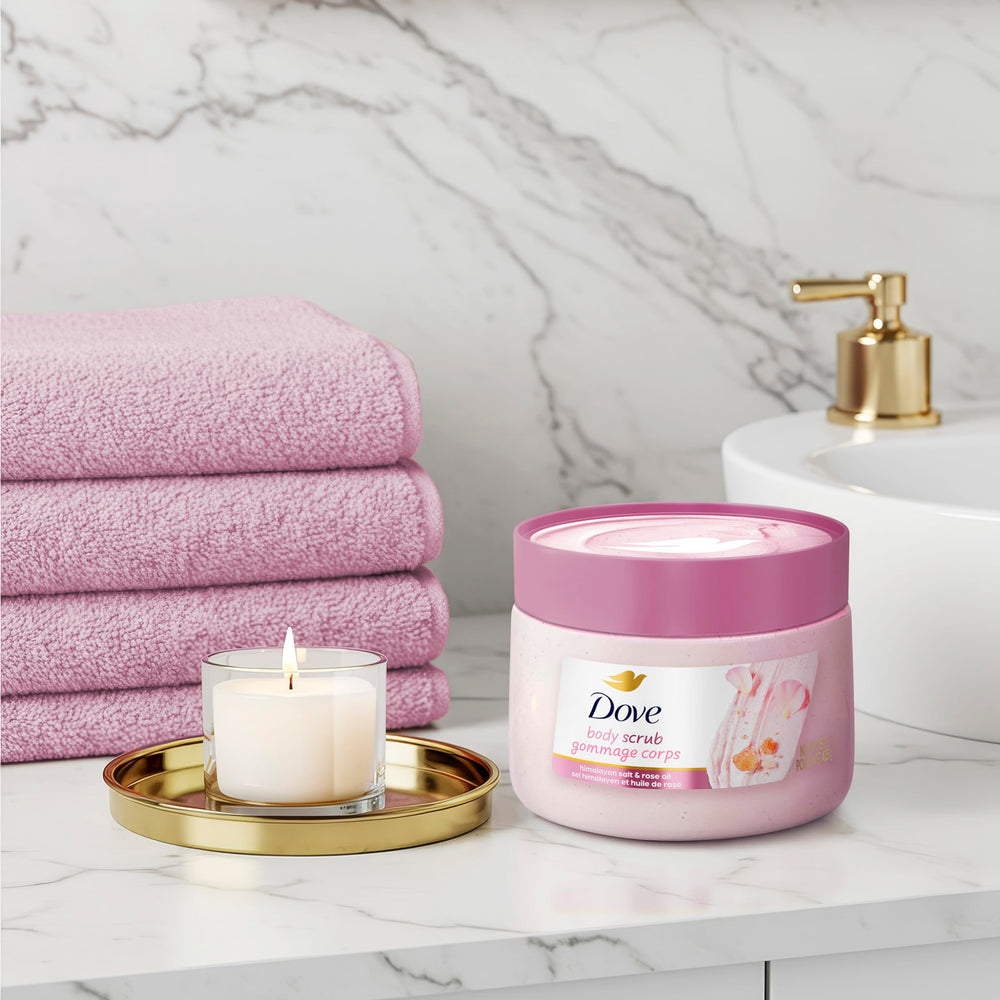 Dove Himalayan Salt & Rose Oil Scrub near shower scene suggests weekly self-care ritual.