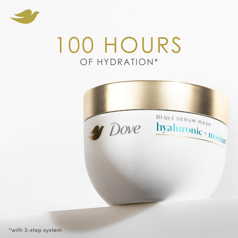 Dove Hyaluronic Moisture Mask applied to damp hair for silky-smooth results.