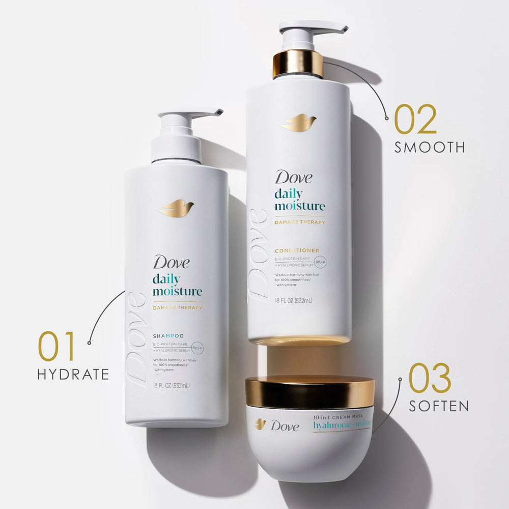 Dove Hyaluronic Moisture Mask used on mid-length to ends for softness.