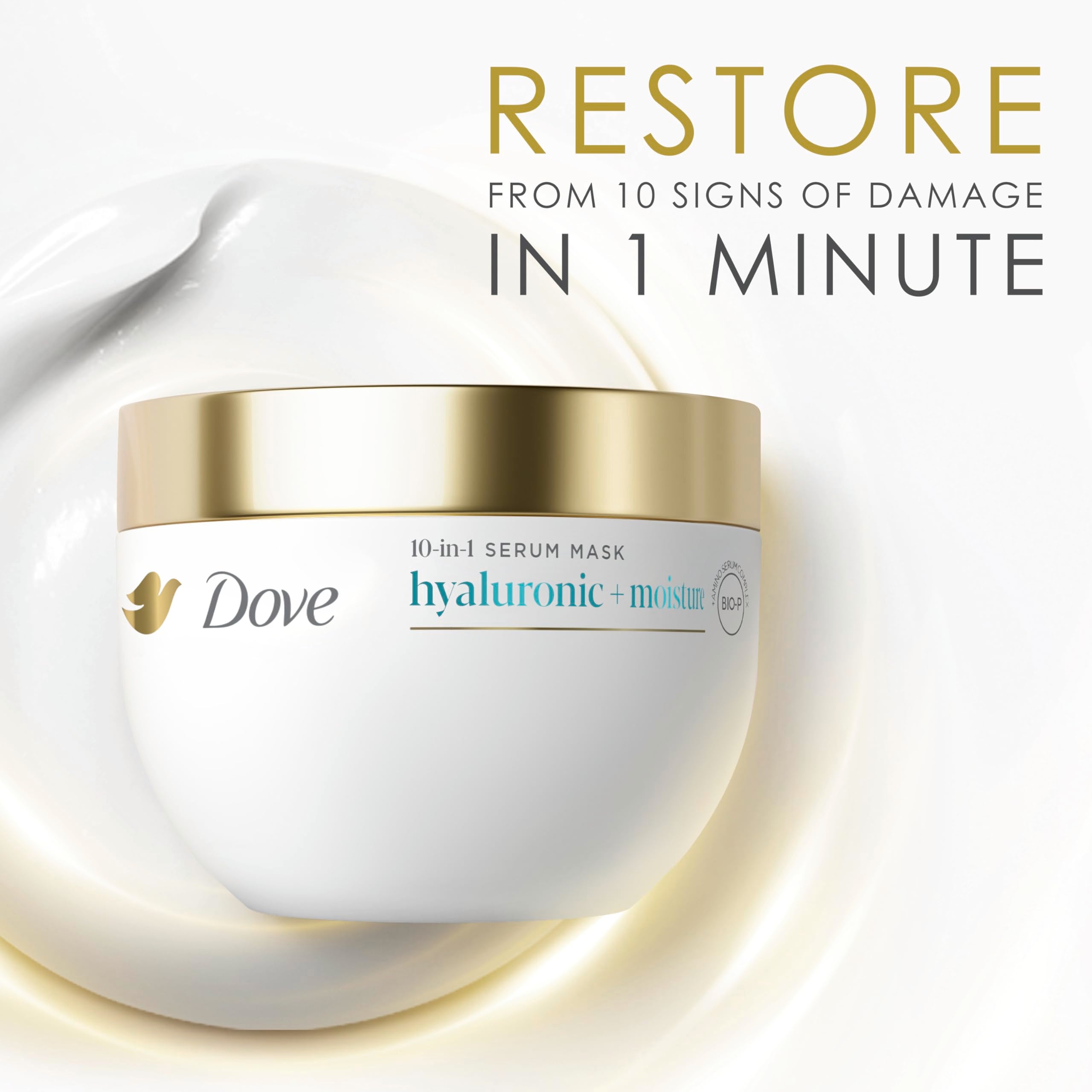 Dove Hyaluronic Moisture Mask rinse shown for cleaner, smoother strands.