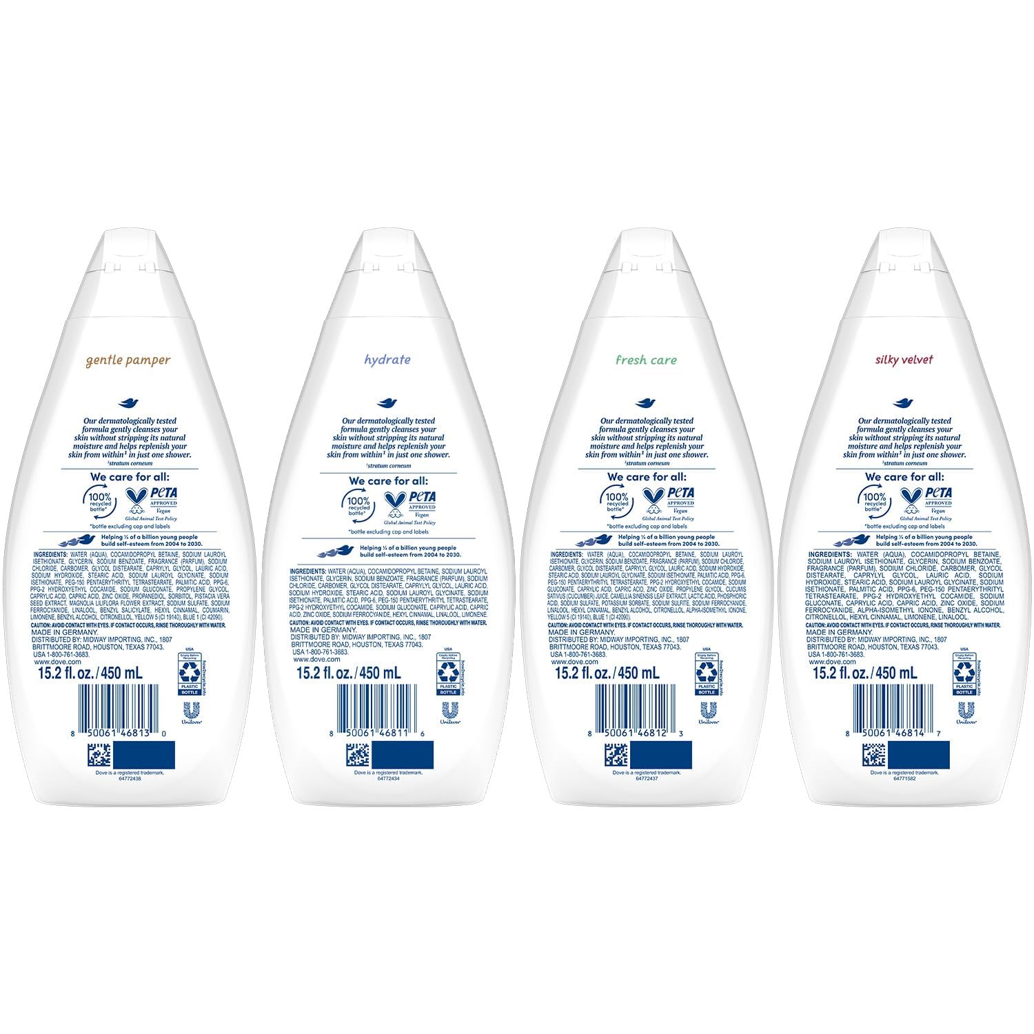 Dove Hydrate bottle front view showing rich lather and moisturizing formula