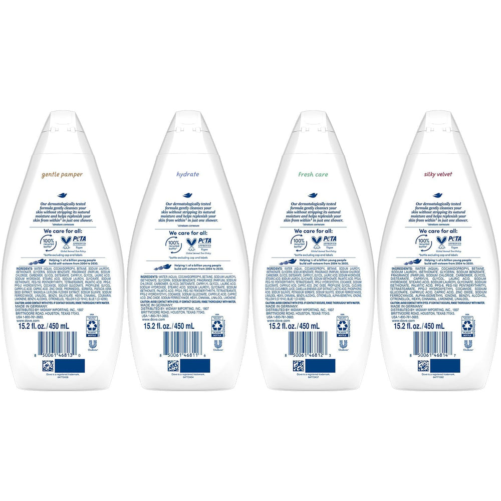 Dove Hydrate bottle front view showing rich lather and moisturizing formula