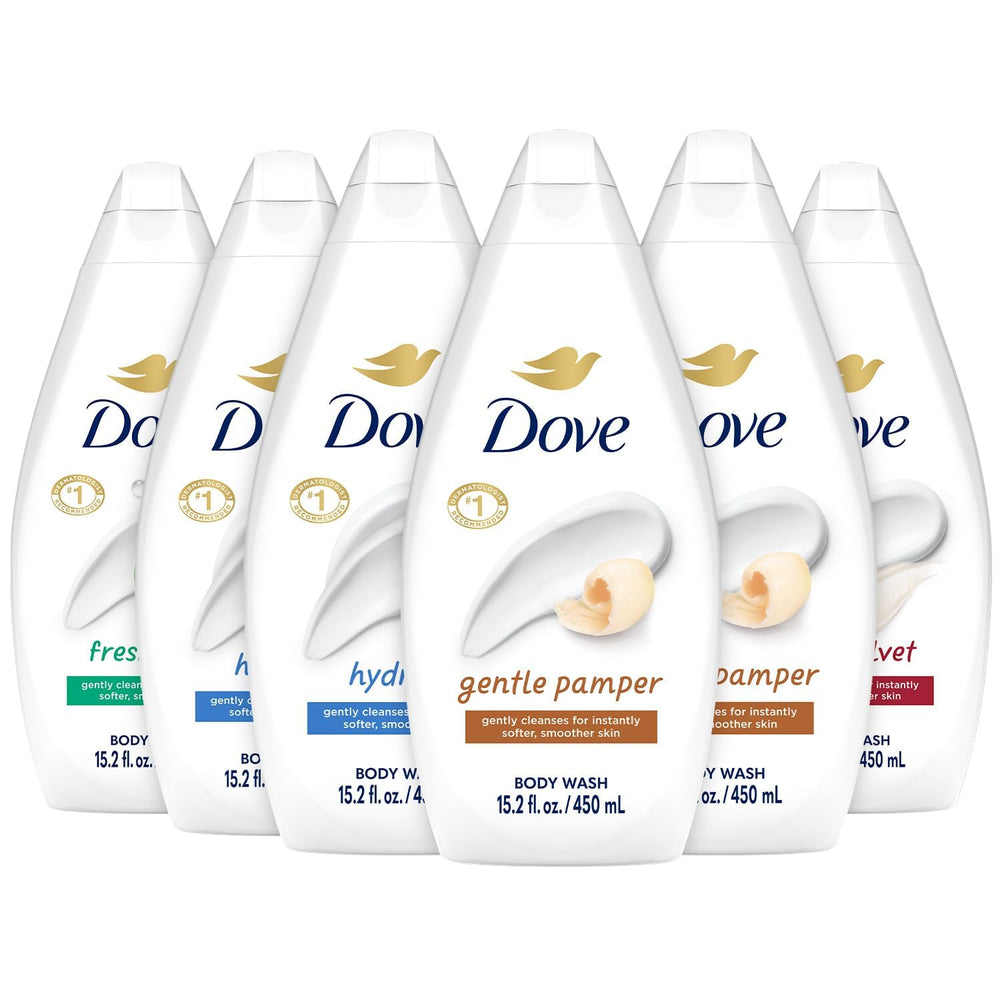 Dove Hydrate body wash bottle pouring for deep moisture on skin