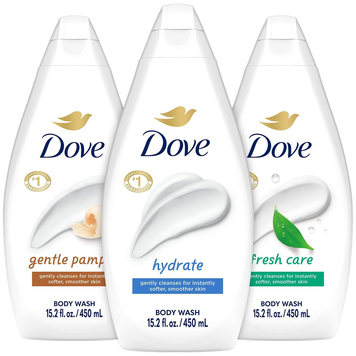 Dove Hydrate bottle being poured, highlighting moisturizing formula for dry skin