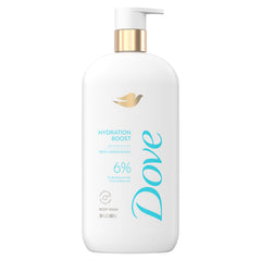 Dove Hydration Boost bottle pouring, quenching dry skin with hyaluronic acid
