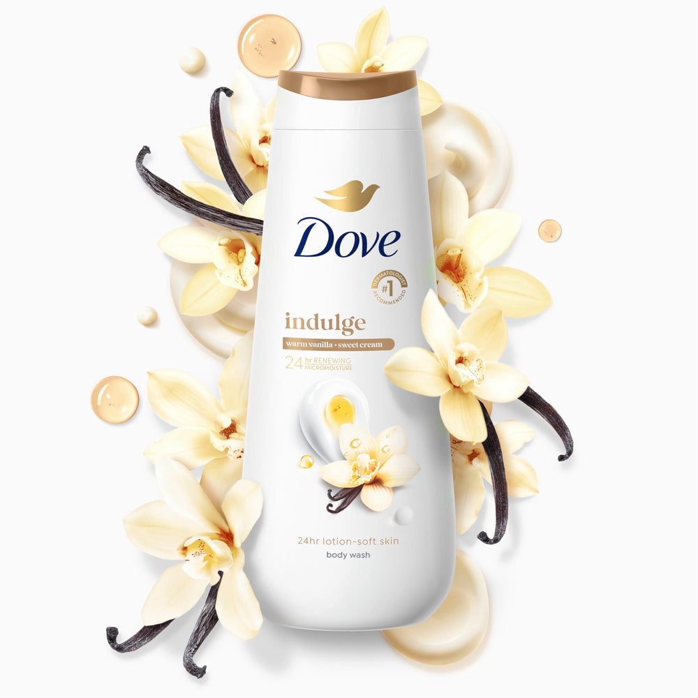 Dove Indulge vanilla-scent closeup emphasizes fragrance and daily moisture boost