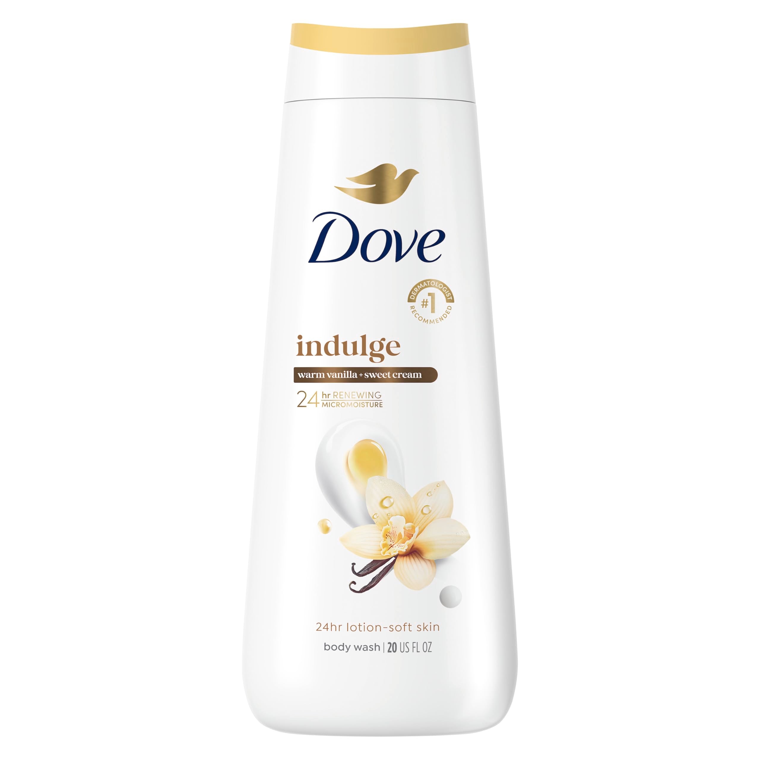 Dove Indulge body wash bottle showcasing warm vanilla and sweet cream aroma for hydration