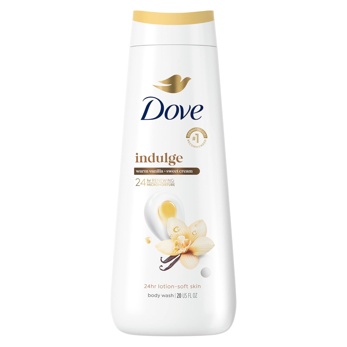 Dove Indulge body wash bottle showcasing warm vanilla and sweet cream aroma for hydration