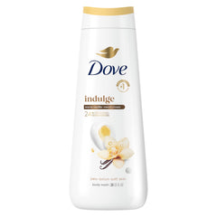 Dove Indulge body wash bottle showcasing warm vanilla and sweet cream aroma for hydration
