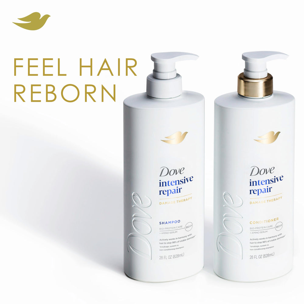 Dove Intensive Repair bottle pouring into hand, ready to nourish dry strands