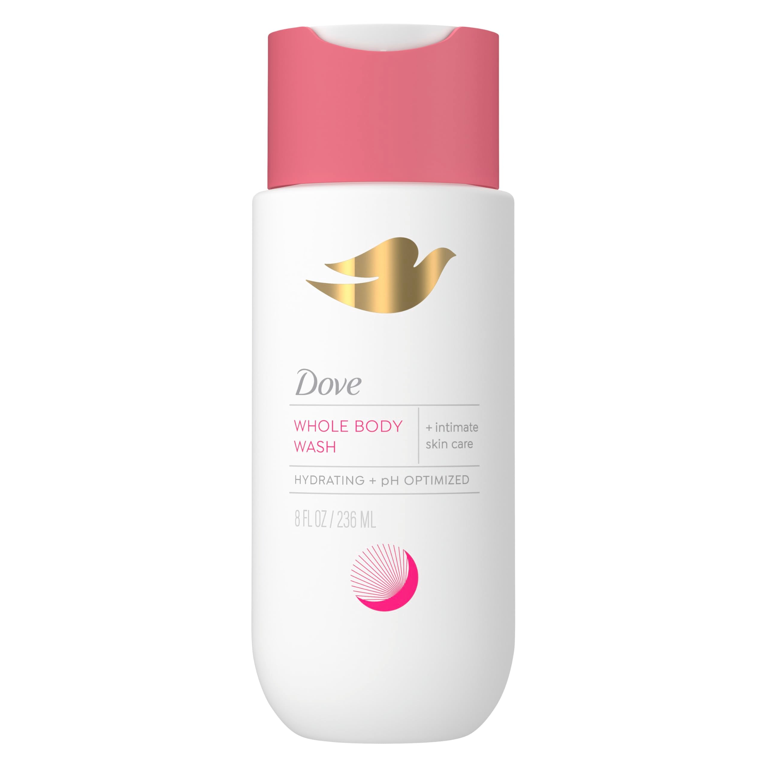 Dove Intimate Wash bottle closeup showing clear, unscented formula ideal for sensitive skin.