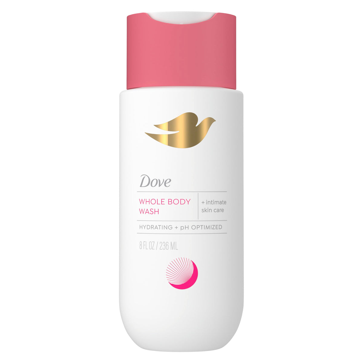 Dove Intimate Wash bottle closeup showing clear, unscented formula ideal for sensitive skin.
