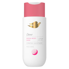 Dove Intimate Wash bottle closeup showing clear, unscented formula ideal for sensitive skin.