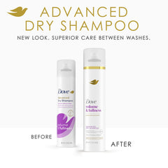 Dove Dry Shampoo bottle showing lightweight, residue-free formula for all hair types.