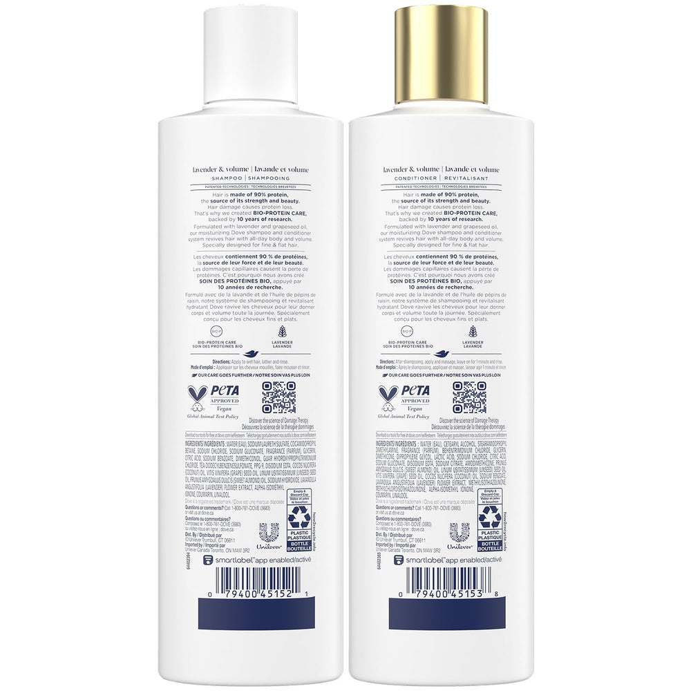Dove Lavender & Volume Conditioner bottle for fullness and smoothness.