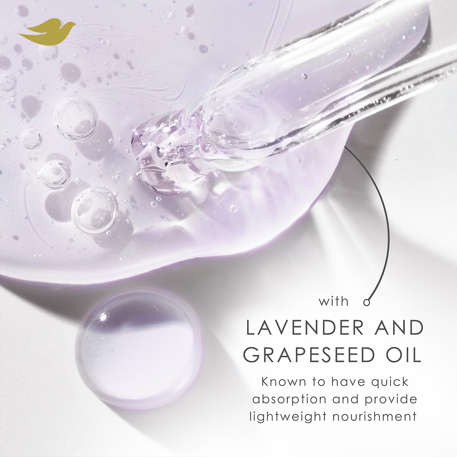 Frizz control feature highlighted on Dove Lavender & Volume products.