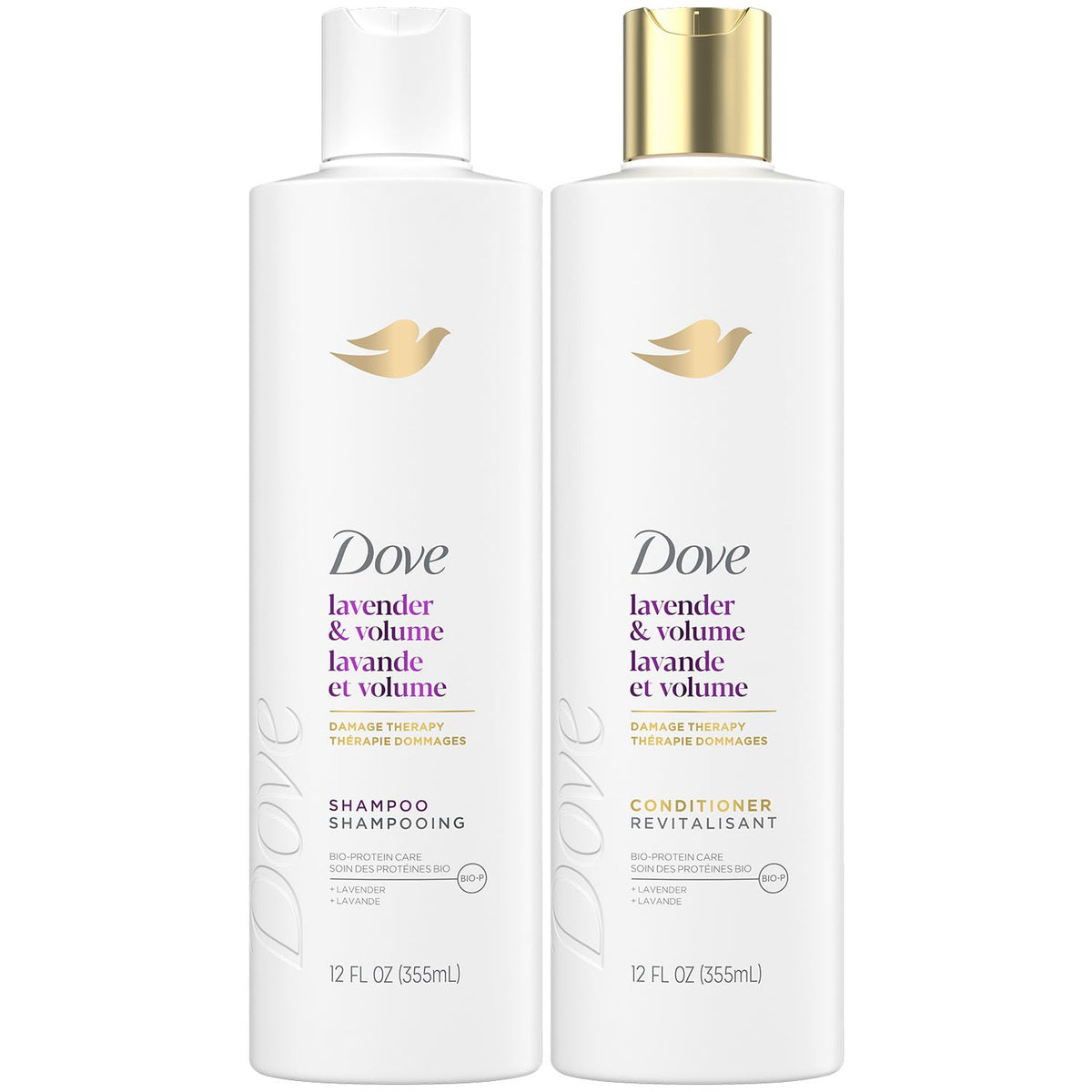 Dove Lavender & Volume Shampoo bottle shows lift for fine hair.