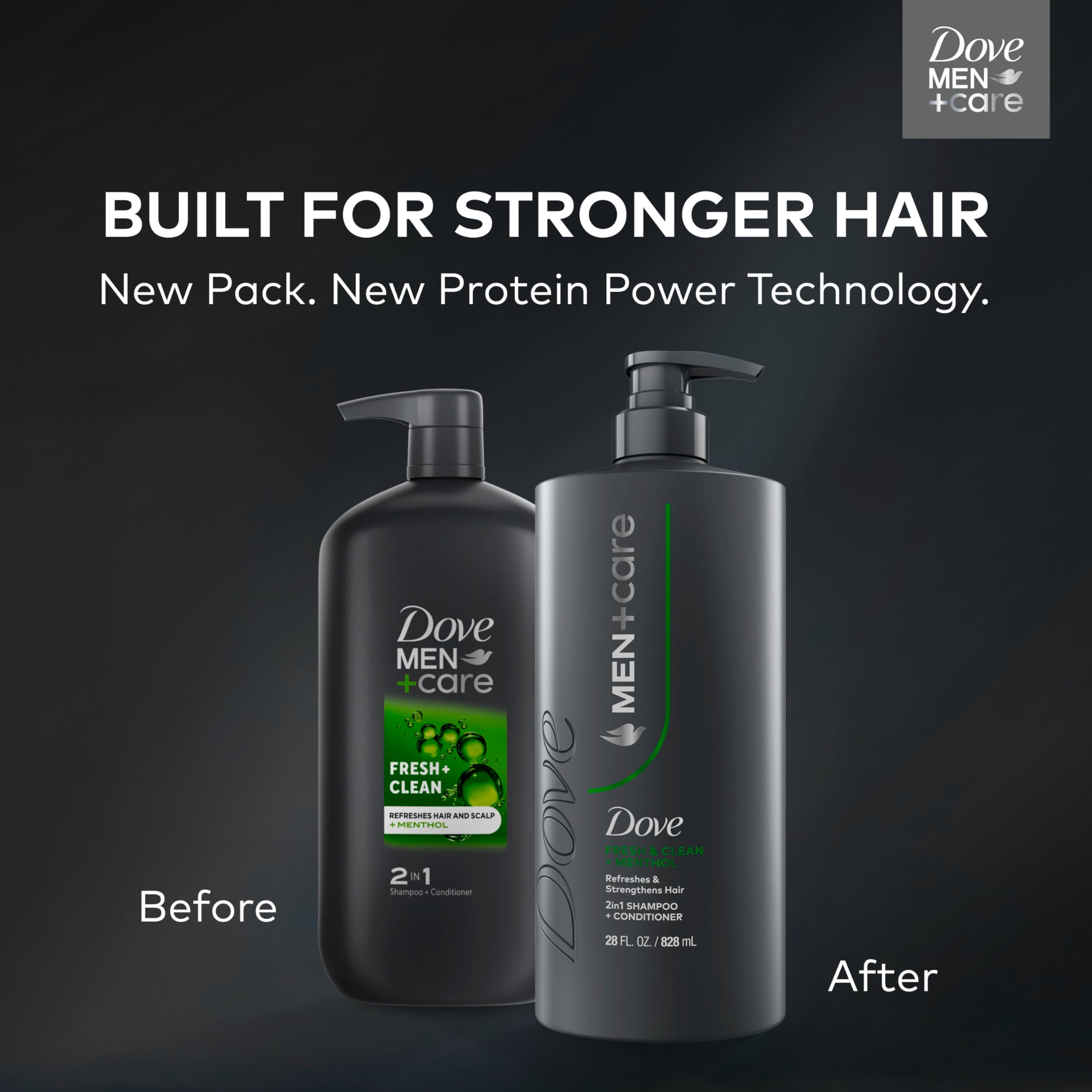 Dove Men+Care 2-in-1 bottle demonstrates daily use for normal to oily hair.