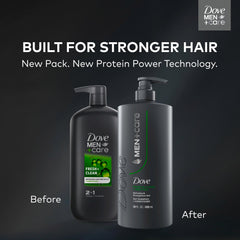 Dove Men+Care 2-in-1 bottle demonstrates daily use for normal to oily hair.