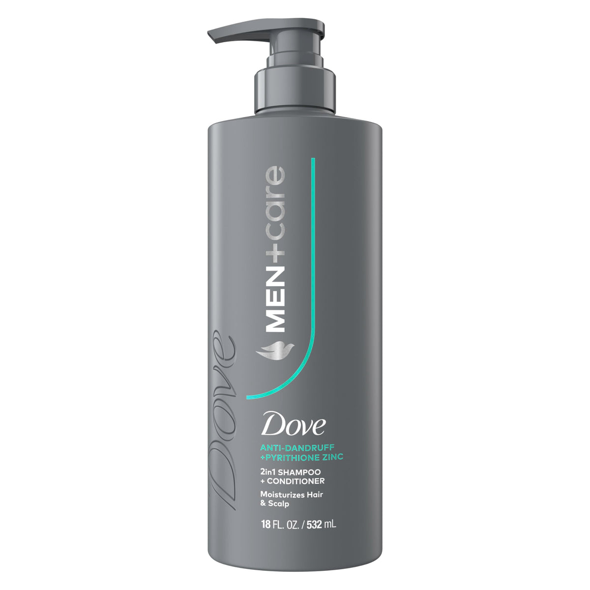 Dove Men+Care 2-in-1 bottle shows dandruff defense for refreshed scalp.