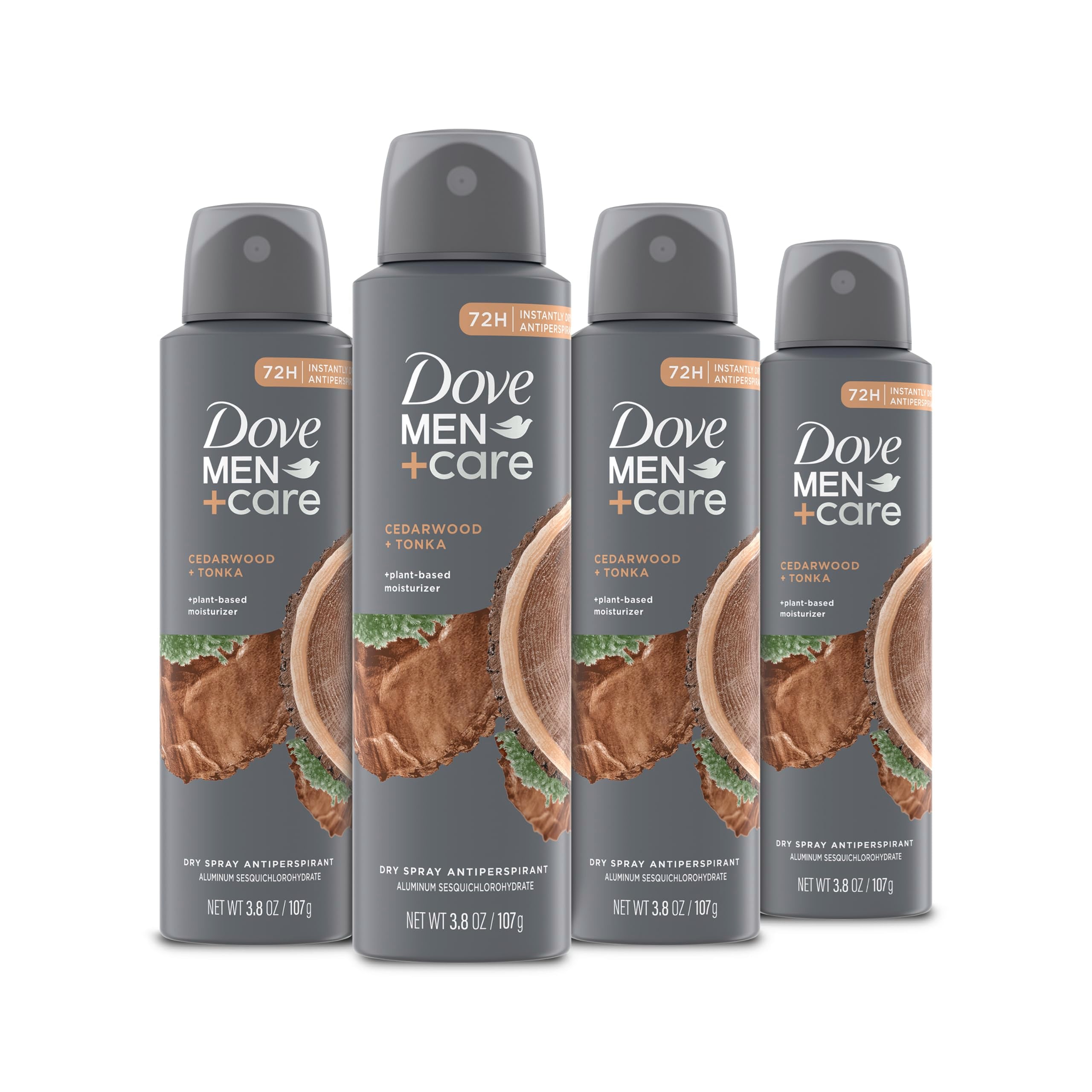 Dove Men+Care Cedarwood Tonka dry spray closeup showing sleek bottle for long-lasting freshness