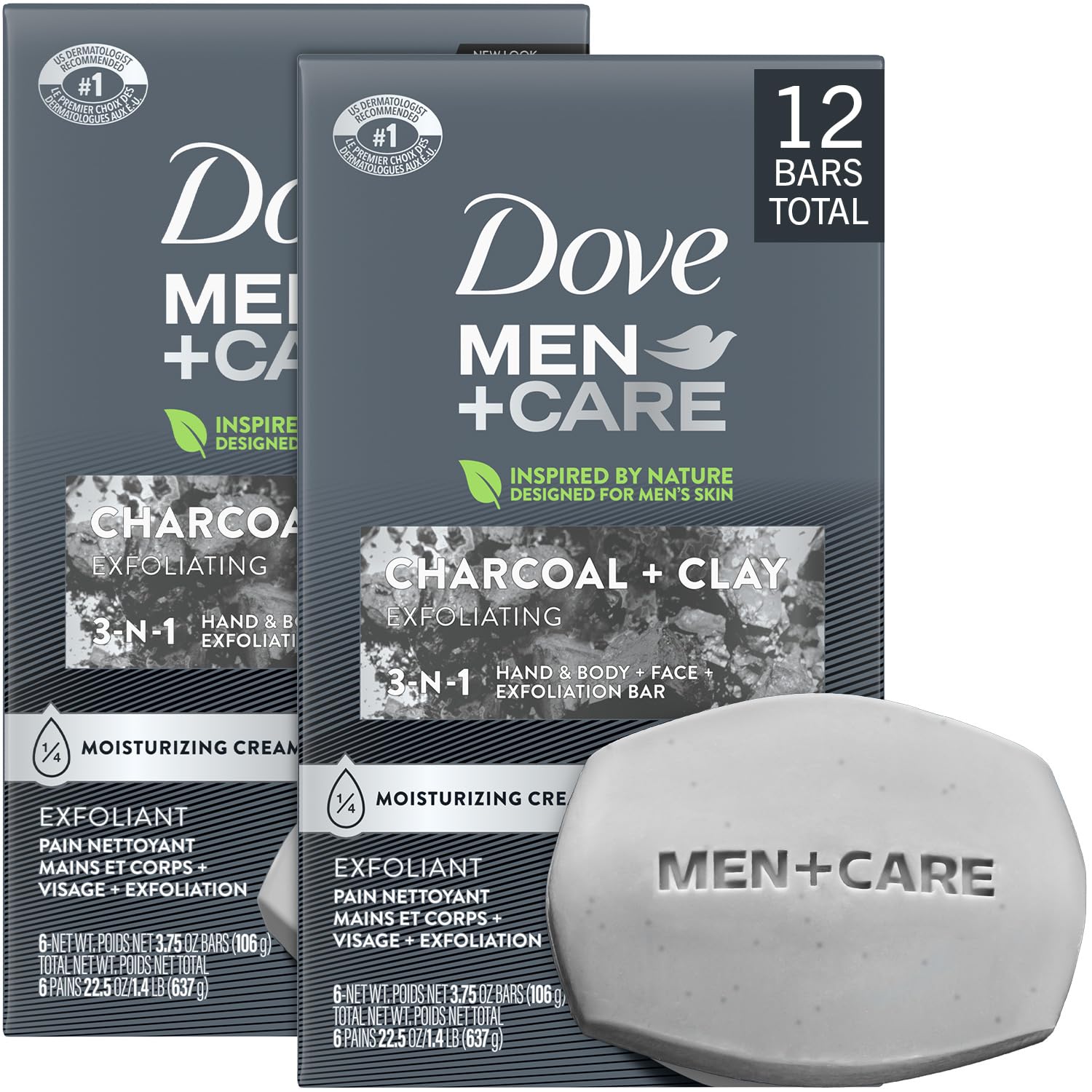 Dove Men+Care charcoal bar 12-bars pack ready for daily cleansing.