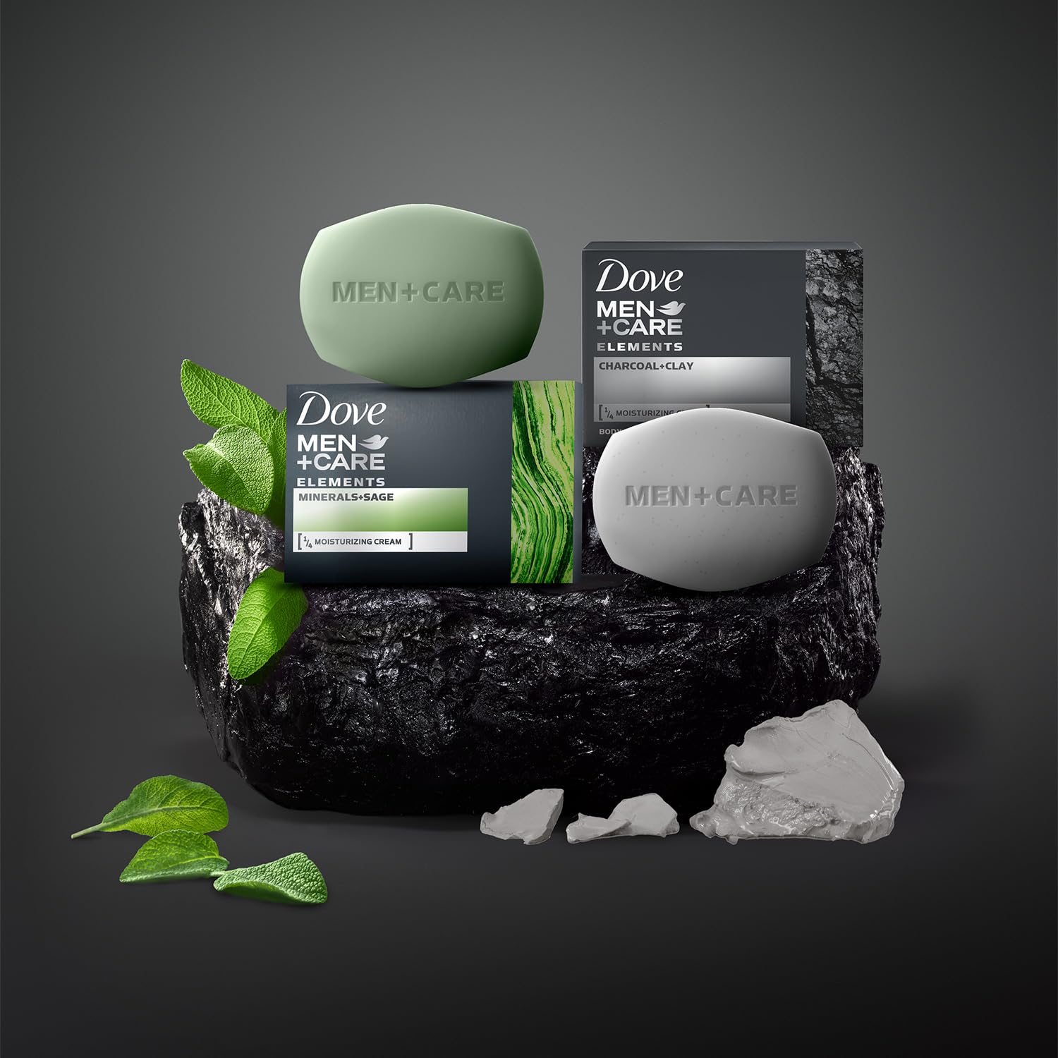 Charcoal bar shown for dry skin cleansing and hydration support.