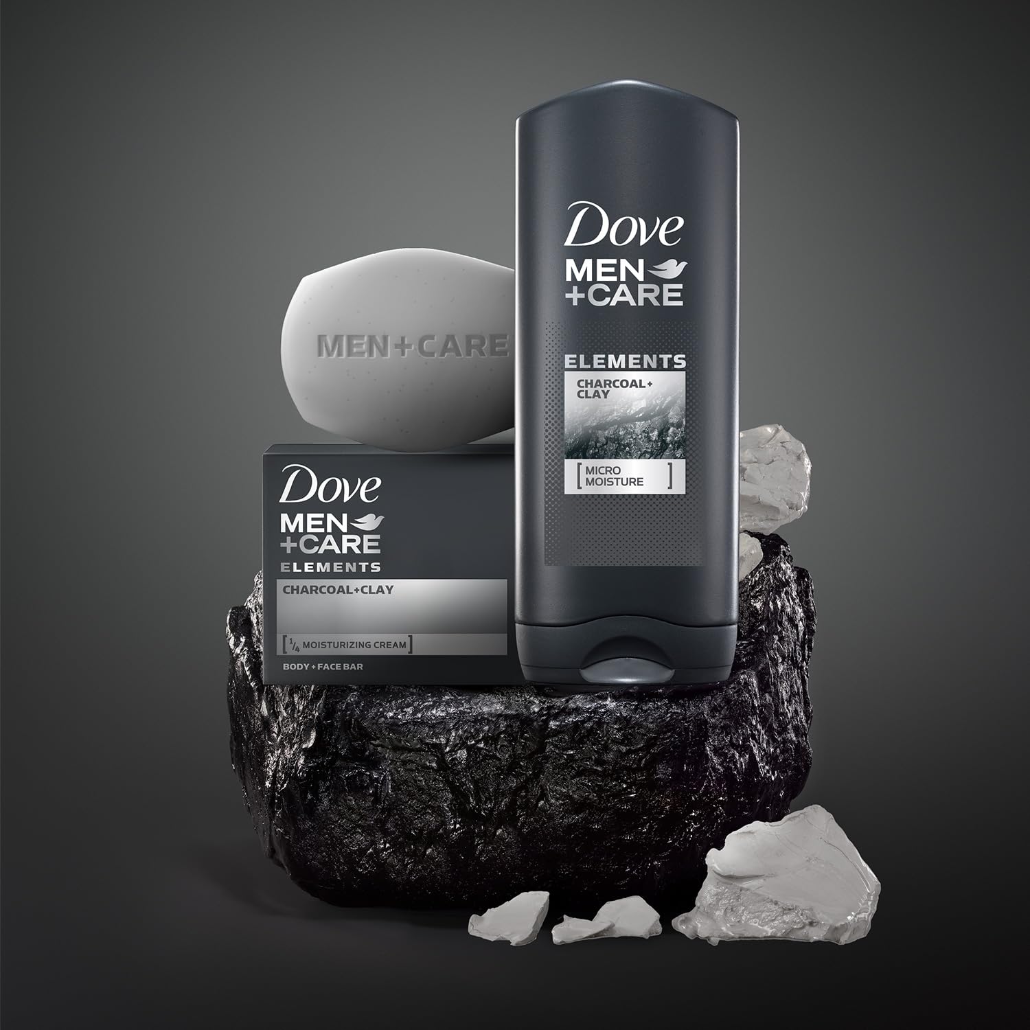 Packaging twin-pack of Dove Men+Care charcoal bar on shelf.