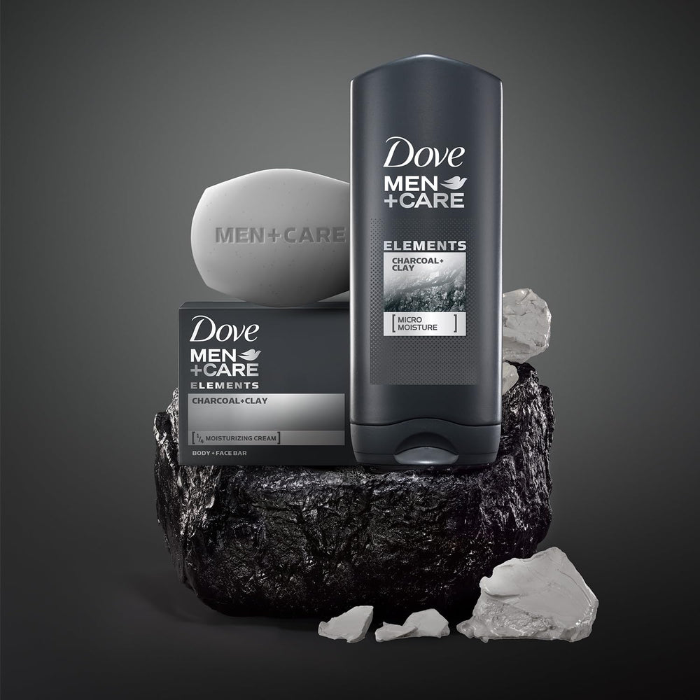 Packaging twin-pack of Dove Men+Care charcoal bar on shelf.