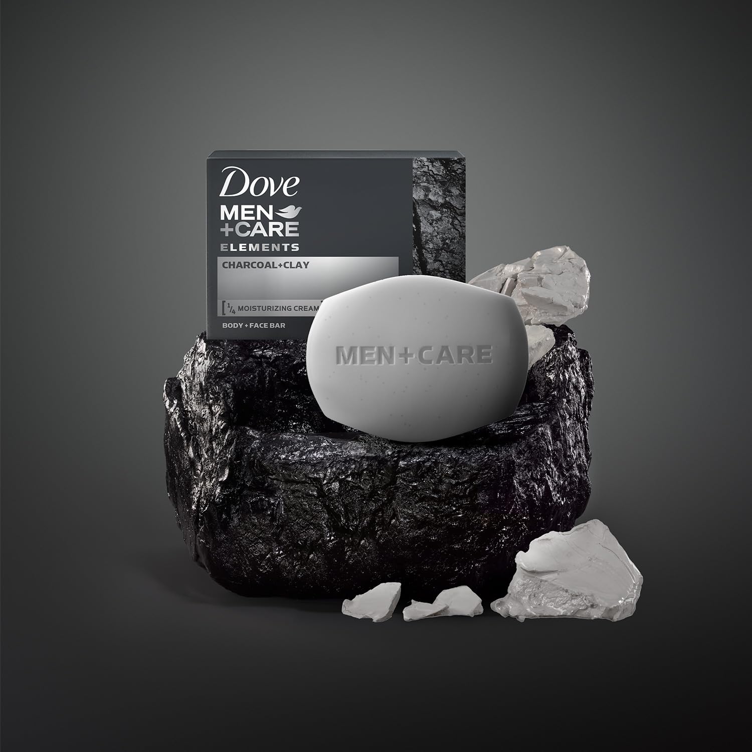 Dove Men+Care charcoal bar display highlights masculine scent and cleansing.